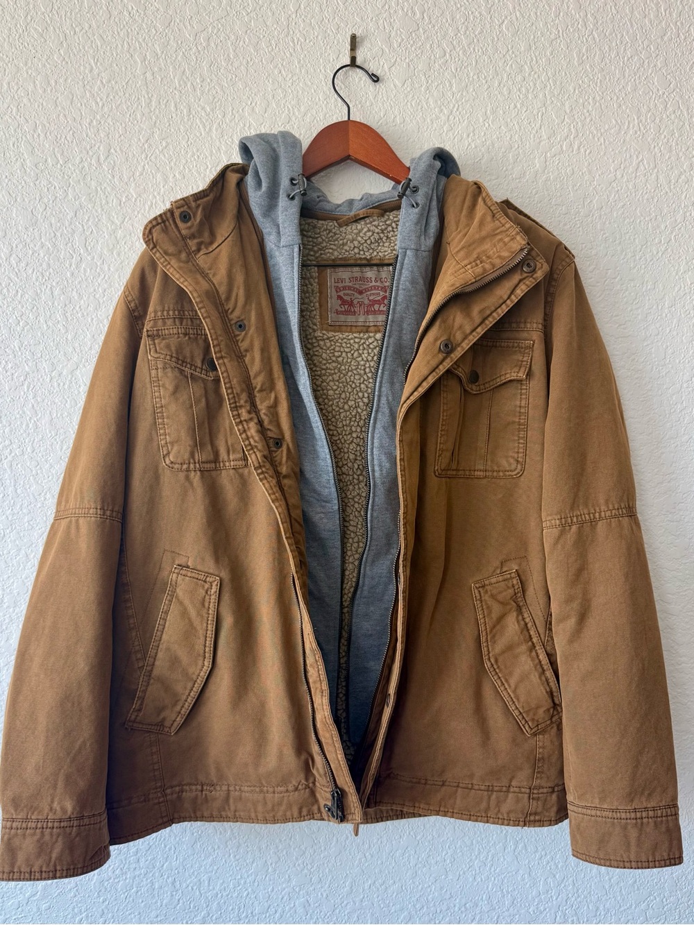 Levi's Tan Cotton Hooded Field Jacket with Grey Sweatshirt Hood